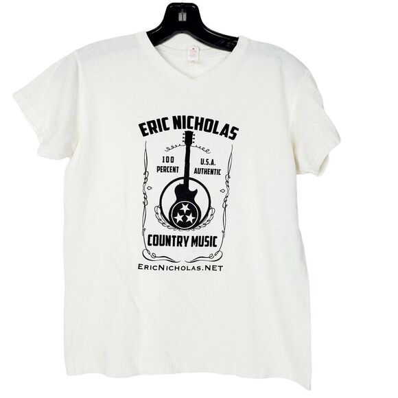 Eric Nicholas Women's Country Music T-Shirt Small White Guitar Vneck - Picture 1 of 5